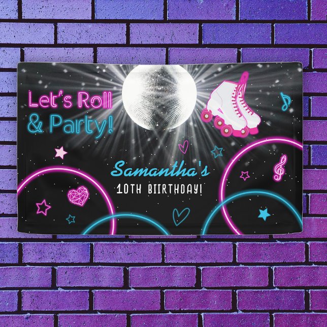 Neon Glow Roller Skating Let's Roll Birthday Party Banner (Neon Glow Roller Skating Let's Roll Birthday Party Banner)