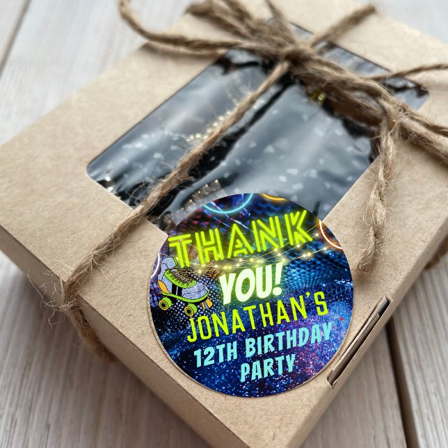 Neon Glow Roller Skating Party Thank You Favour Classic Round Sticker (Creator Uploaded)