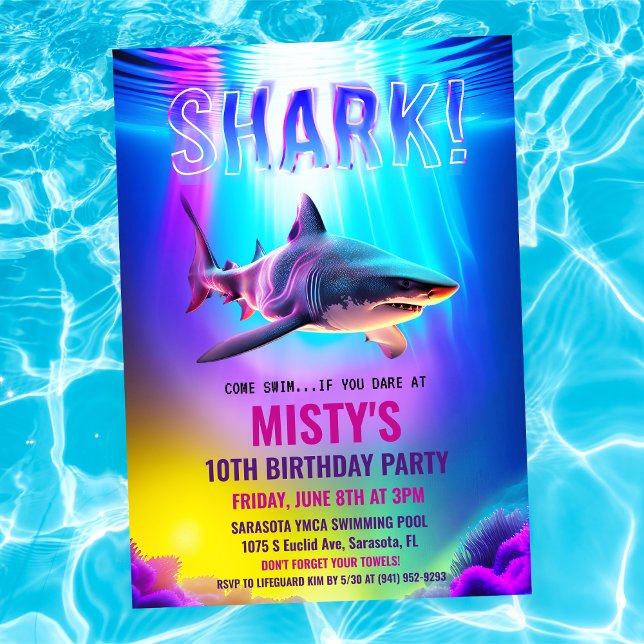 Neon Glow Shark Birthday Invitation (Creator Uploaded)