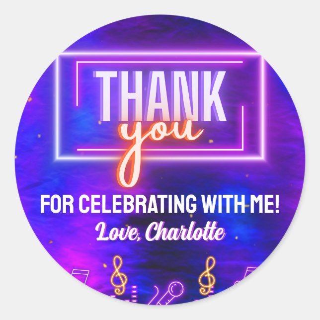 Neon Glow Sign Karaoke Birthday Party Thank You Classic Round Sticker (Front)