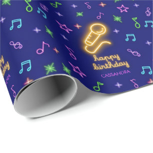 Neon Glow Singing Karaoke Name Birthday Wrapping Paper