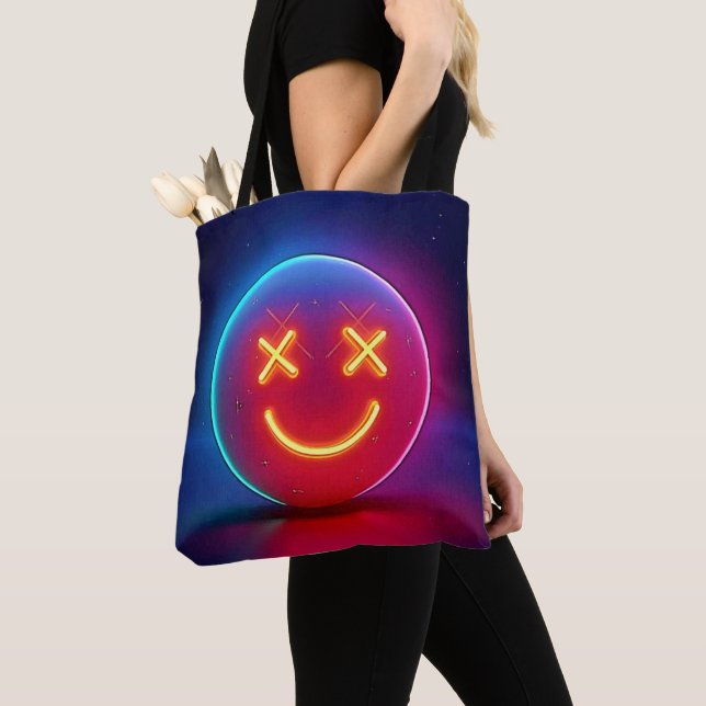 Neon Glow Smiley Face Tote Bag (Close Up)