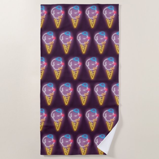 Neon Glow: Smiling Bichon Ice Cream Repeat Pattern Beach Towel (Front)