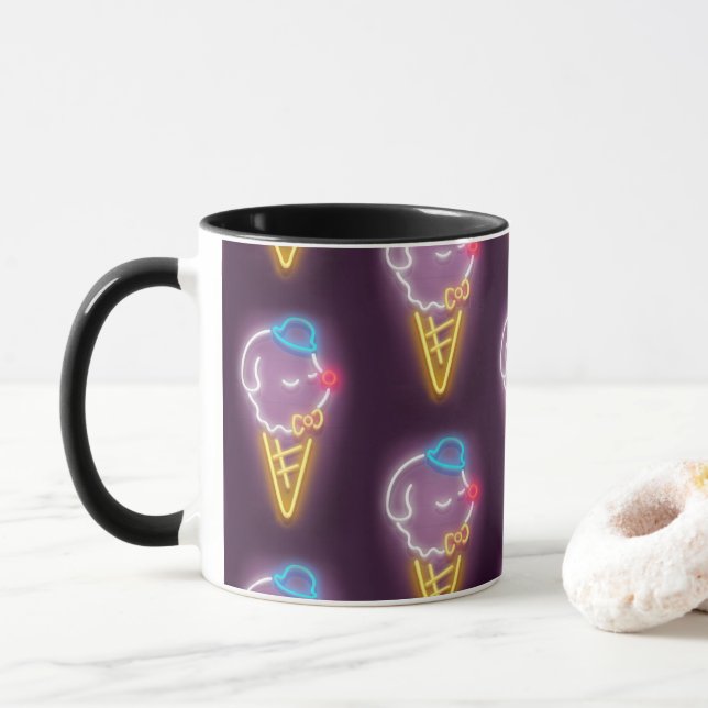 Neon Glow: Smiling Bichon Ice Cream Repeat Pattern Mug (With Donut)