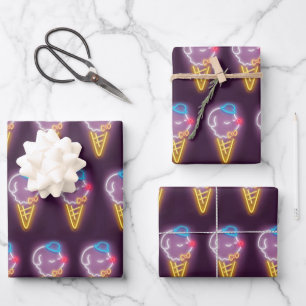 Neon Glow: Smiling Bichon Ice Cream Repeat Pattern Wrapping Paper Sheet