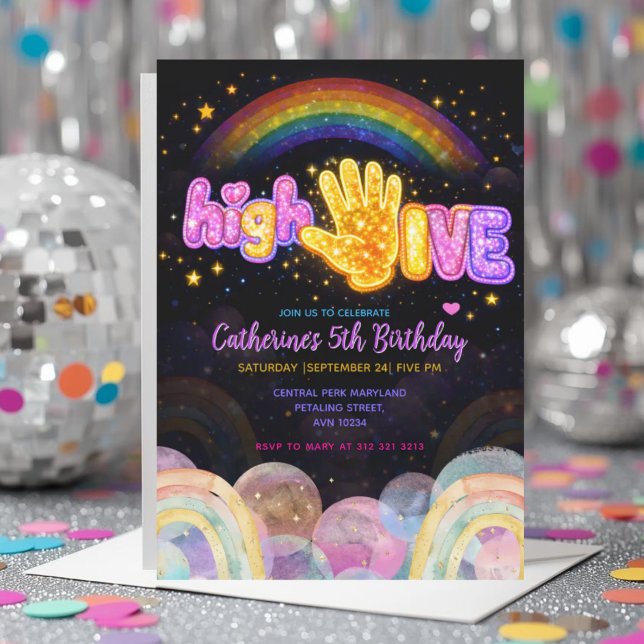 Neon Glow Sparkle High Five Birthday Party Invitation (Creator Uploaded)