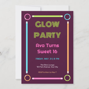 Neon Glow Stick Sweet 16 Invitation
