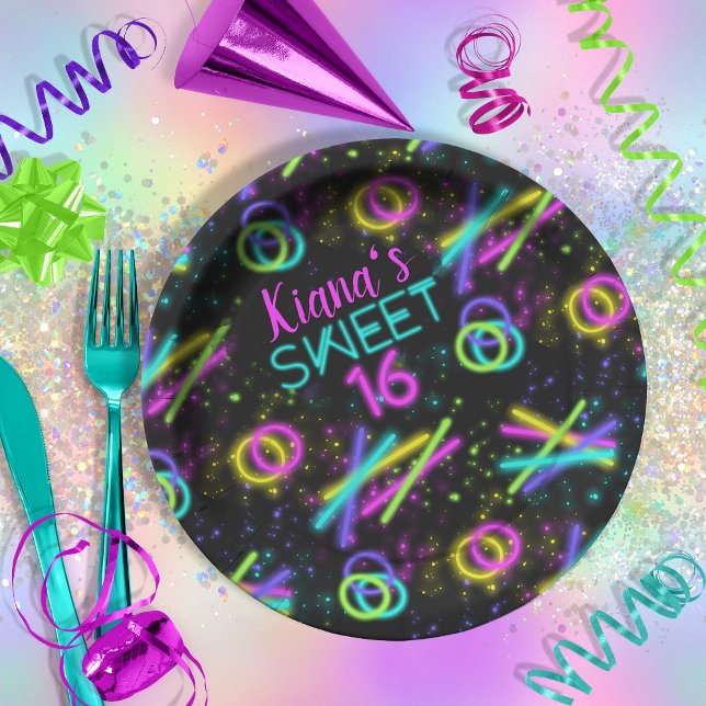 Neon Glow Stick Sweet 16 Name ID760 Paper Plate (Creator Uploaded)