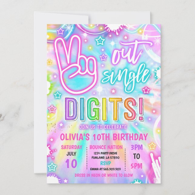 Neon Glow Tie Dye Peace Out Single Digits Birthday Invitation (Front)