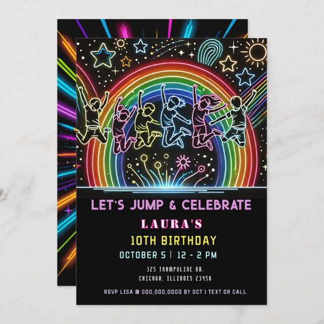 Neon Glow Trampoline Jump Bounce Birthday Invitation (Front/Back)