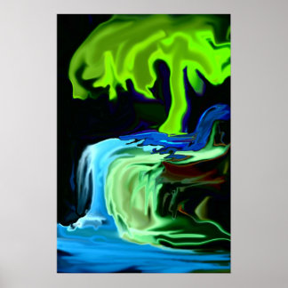 Neon glow tree and waterfall abstract poster