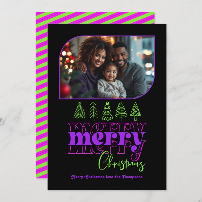 Neon Glow Tree Doodle Modern Retro Holiday Photo (Front/Back)