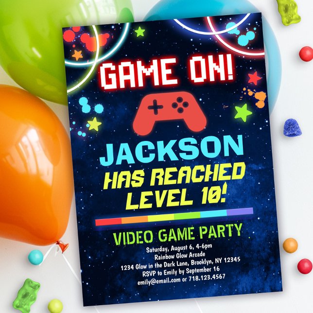 Neon Glow Video Game Birthday Party Invitation (Creator Uploaded)