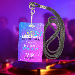 Neon glow VIP access Sweet 16 birthday invitation ID Badge