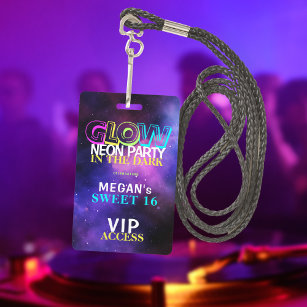 Neon glow VIP access Sweet 16 birthday invitation ID Badge