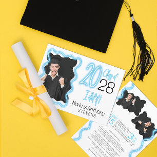 Neon Glow Wavy Border Photo Graduation Ceremony Invitation