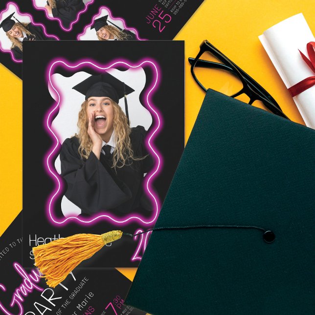 Neon Glow Wavy Border Photo Graduation Party Invitation (Creator Uploaded)