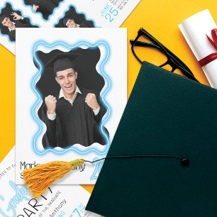 Neon Glow Wavy Border Photo Graduation Party Invitation