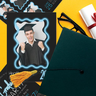 Neon Glow Wavy Border Photo Graduation Party Invitation