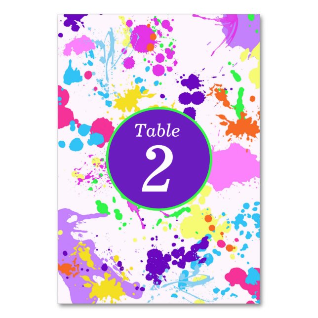 Neon Glow Yellow Pink Turquoise Paint Splatter, Table Number (Front)