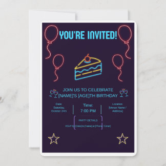 Neon Glowing Birthday Cake Invitation Card