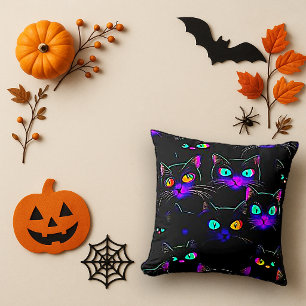 Neon Glowing Black Cat Spooky Cushion