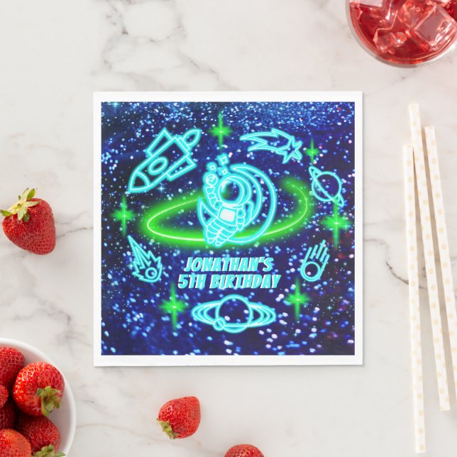 Neon Glowing Blue Outer Space Astronaut Rocket Napkin (Insitu)