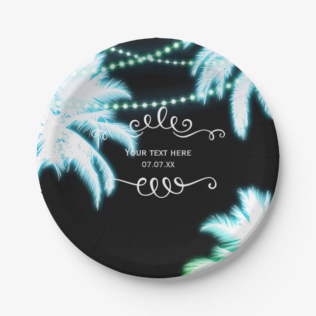 Neon Glowing Palm Trees Beach Party Summer Paper Plate (Front)