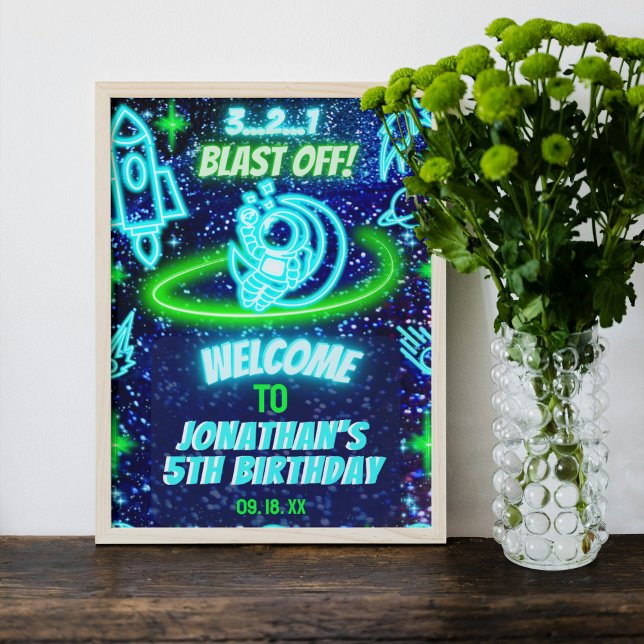 Neon Glowing Space Rocket Ship Boys Party Welcome Poster (Creator Uploaded)