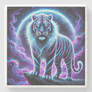 Neon Glowing Tiger Marble Stone Coaster Design.
