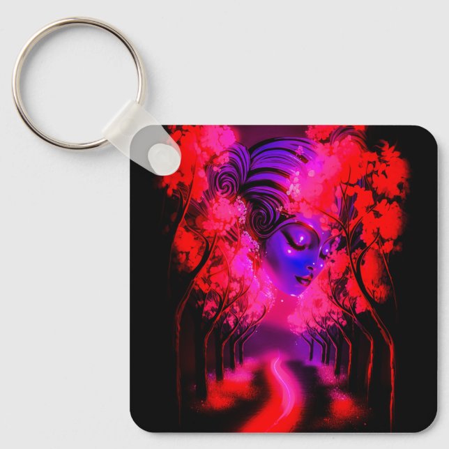 Neon Goddess in Enchanted Forest Key Ring (Front)