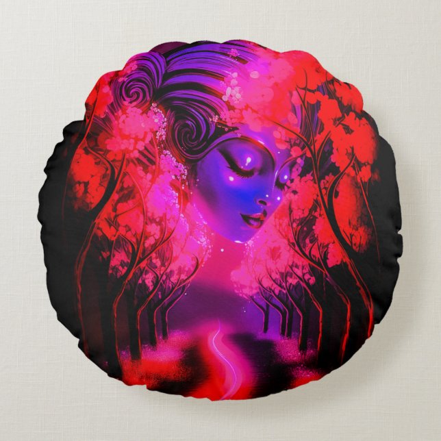 Neon Goddess in Enchanted Forest Round Cushion (Front)