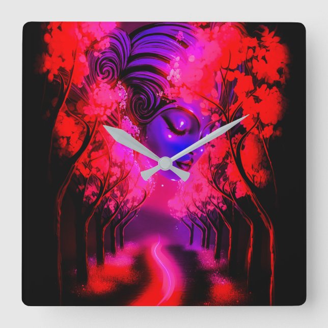Neon Goddess in Enchanted Forest Square Wall Clock (Front)