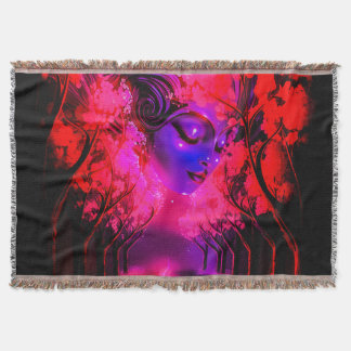 Neon Goddess in Enchanted Forest Throw Blanket