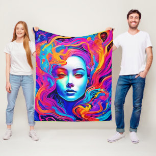 Neon Goddess with Flowing Cosmic Hair Fleece Blanket