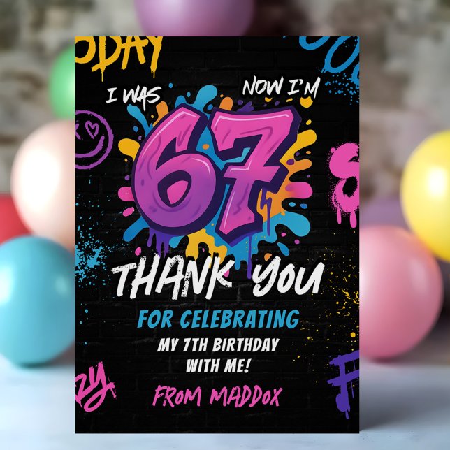 Neon Graffiti 6 7 Meme Trend Six Seven Birthday Thank You Card (Creator Uploaded)