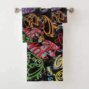 Neon Graffiti Gaming Pattern Bath Towel Set