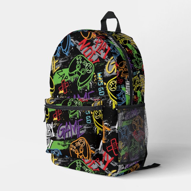 Neon Graffiti Gaming Pattern Printed Backpack (Back Corner Right)