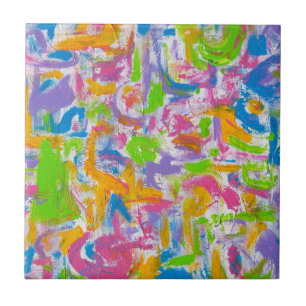 Neon Graffiti-Hand Painted Abstract Brushstrokes Ceramic Tile