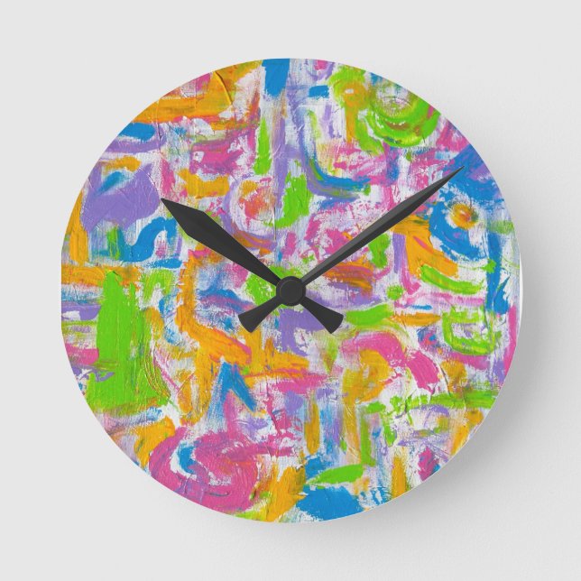 Neon Graffiti-Hand Painted Abstract Brushstrokes Round Clock (Front)