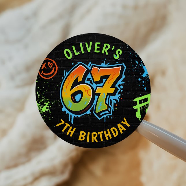 Neon Graffiti Six Seven Kids 7th Birthday Party Classic Round Sticker (Creator Uploaded)