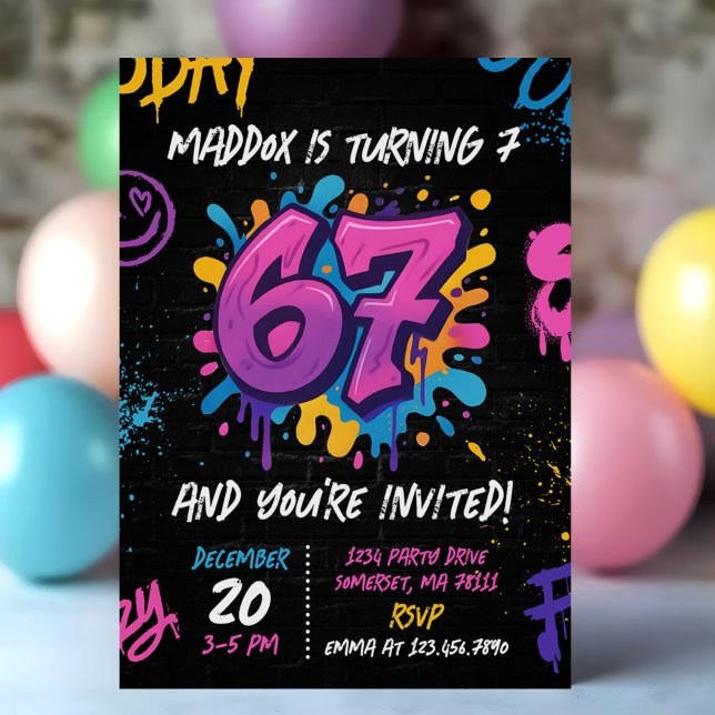 Neon Graffiti Six Seven Kids 7th Birthday Party Invitation (Creator Uploaded)