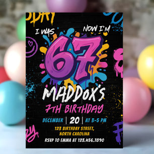 Neon Graffiti Six Seven Kids 7th Birthday Party Invitation