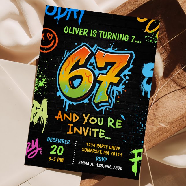 Neon Graffiti Six Seven Kids 7th Birthday Party Invitation (Creator Uploaded)