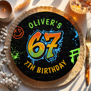 Neon Graffiti Six Seven Kids 7th Birthday Party Paper Plate