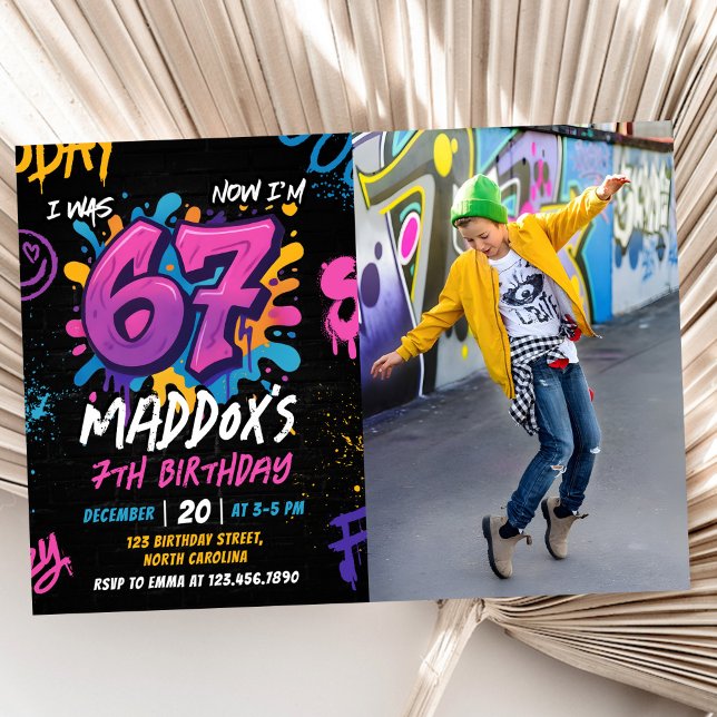 Neon Graffiti Six Seven Kids 7th Birthday Photo Invitation (Creator Uploaded)