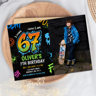 Neon Graffiti Six Seven Kids 7th Birthday Photo Invitation