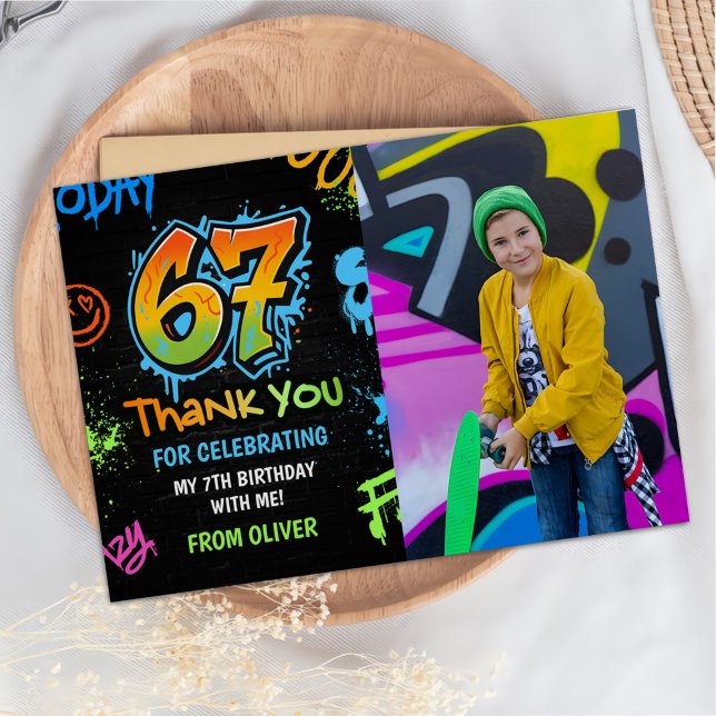 Neon Graffiti Six Seven Kids 7th Birthday Photo Thank You Card (Creator Uploaded)