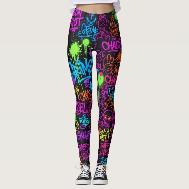 Neon Graffiti Street Art Collage Pattern Leggings (Front)