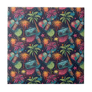Neon Graffiti Tropical Boombox Street Art Pattern Ceramic Tile